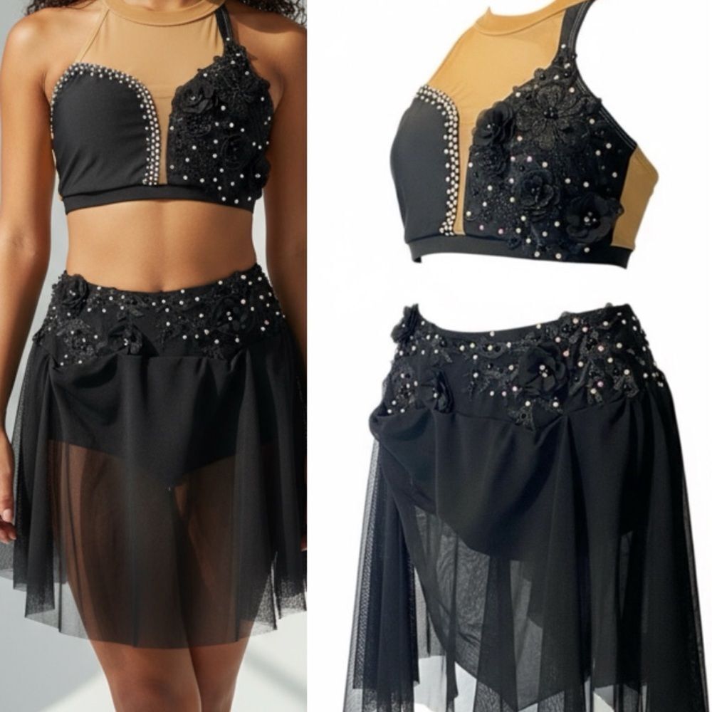 Patrick J designs dance costume solo custom black 2 piece illusion MA adult